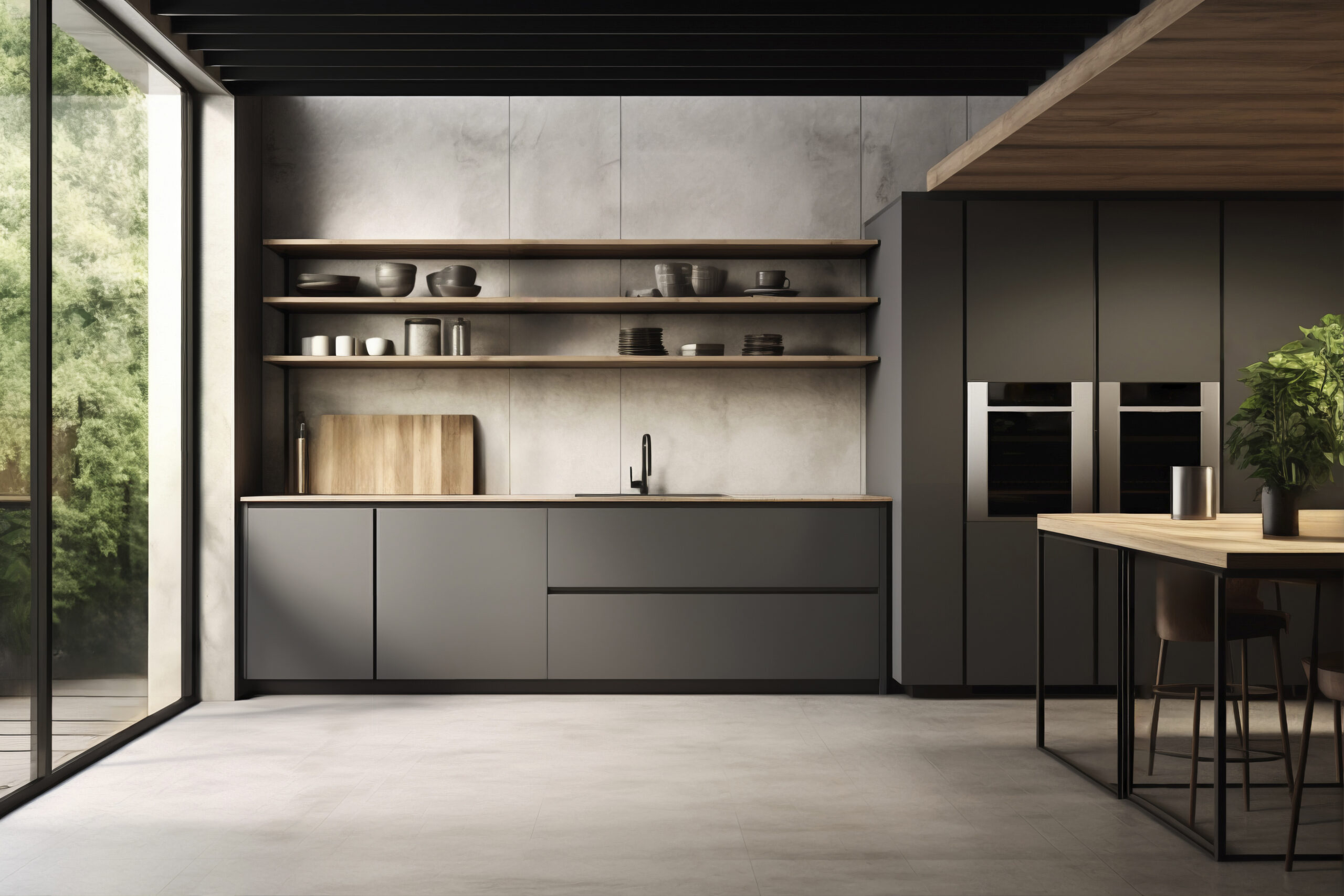 a kitchen with a countertop and shelves